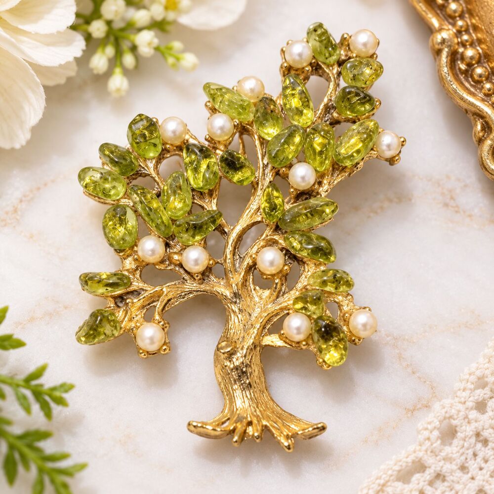 Vintage Peridot Faux Pearl Tree Brooch Gold Tone Nature Statement Pin 2"